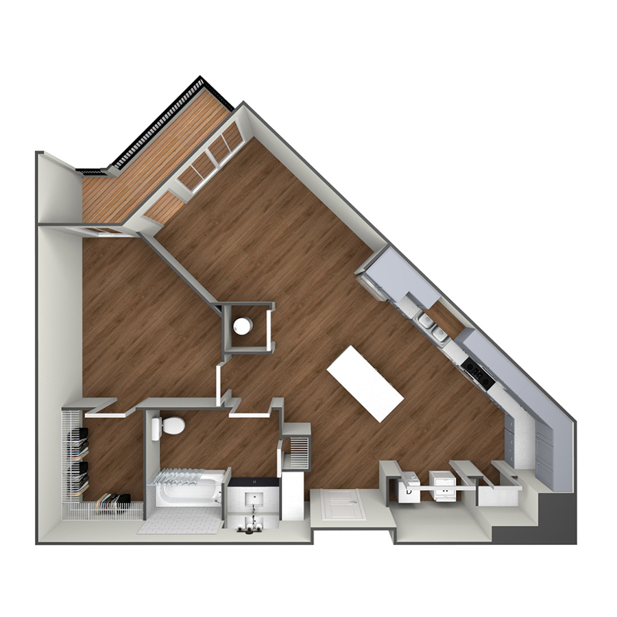 Rendering of the The Gateway A floor plan with 1 bedroom[s] and 1 bathroom[s] at modaatthehill