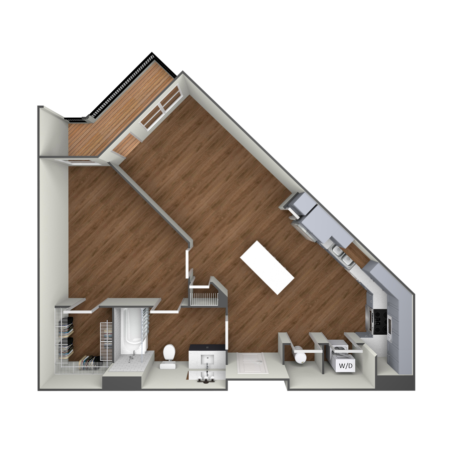 Rendering of the The Gateway B floor plan with 1 bedroom[s] and 1 bathroom[s] at modaatthehill