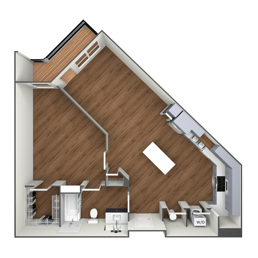 Rendering of the The Gateway floor plan with 1 bedroom[s] and 1 bathroom[s] at modaatthehill