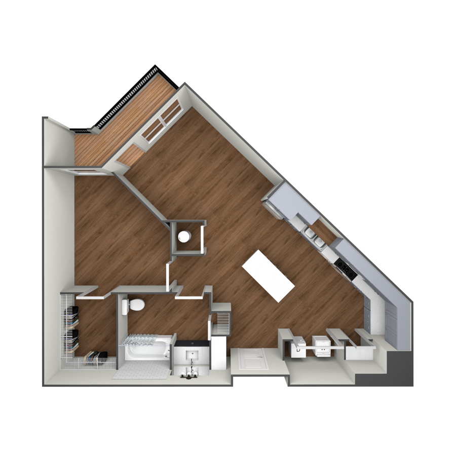 Rendering of the The Gateway C floor plan with 1 bedroom[s] and 1 bathroom[s] at modaatthehill