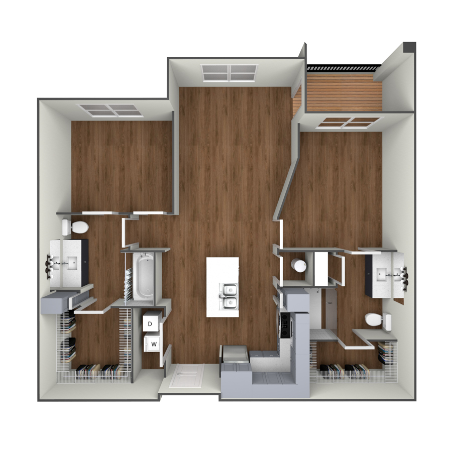 Rendering of the The Jefferson floor plan with 2 bedroom[s] and 2 bathroom[s] at modaatthehill