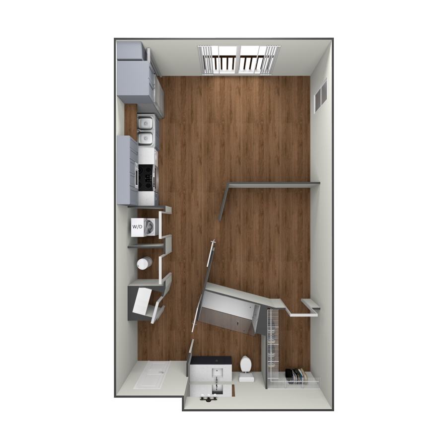 Rendering of the The Grant floor plan with a Studio bedroom and 1 bathroom[s] at modaatthehill
