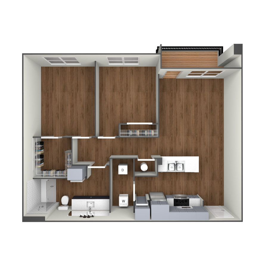 Rendering of the The Campbell floor plan with 2 bedroom[s] and 1 bathroom[s] at modaatthehill