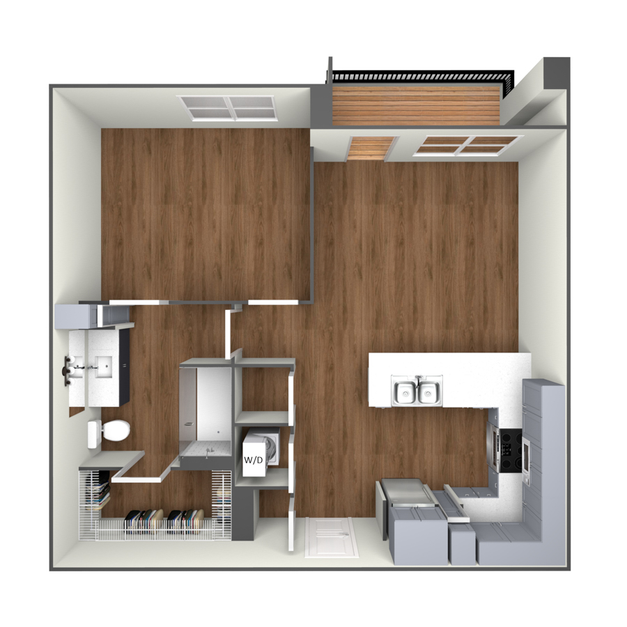 Rendering of the The Berra floor plan with 1 bedroom[s] and 1 bathroom[s] at modaatthehill