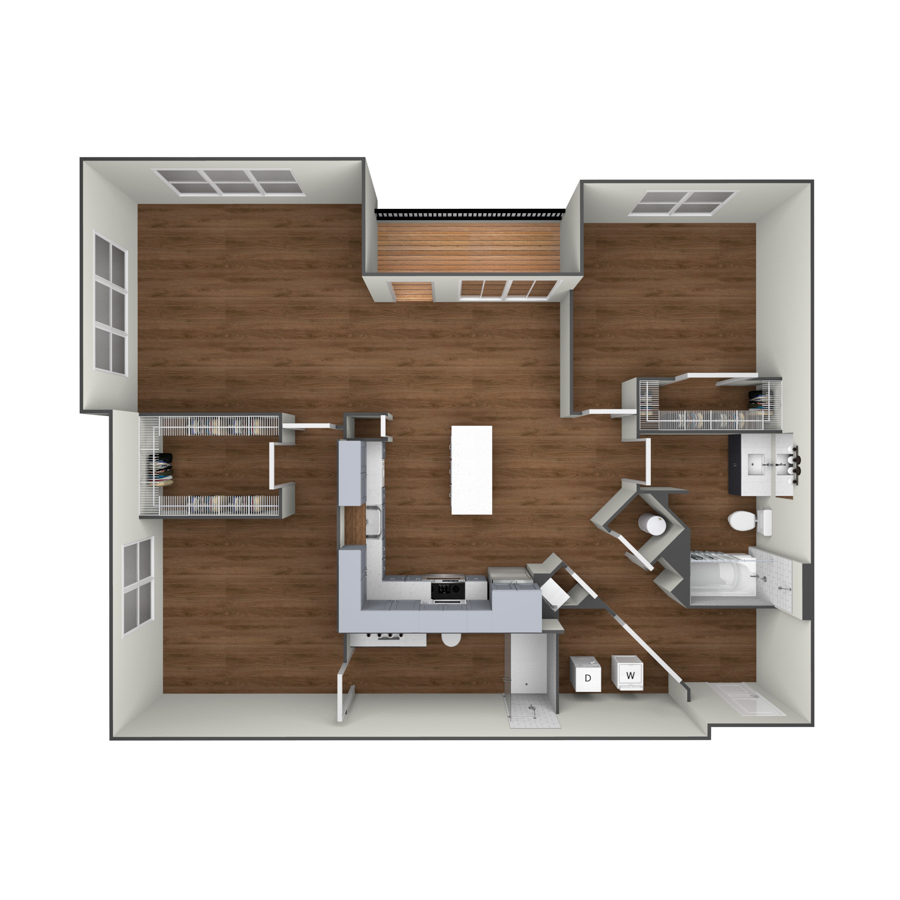 Rendering of the The Cathedral floor plan with 2 bedroom[s] and 2 bathroom[s] at modaatthehill